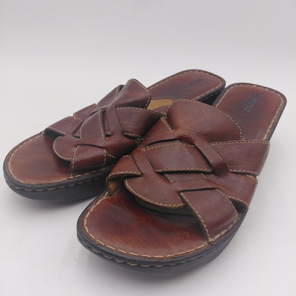 Born Womens Brown Leather Woven Slide Wedge Sandals W5077 K5 Size 11 43 Boho